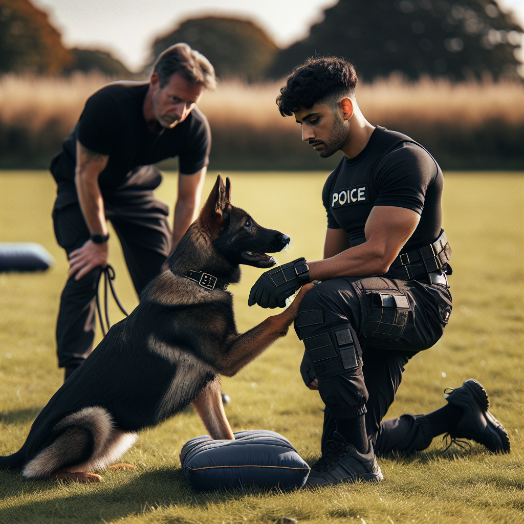 Trainer and helper guiding a German Shepherd from bite pillow to soft sleeve with calm full grip in a UK field