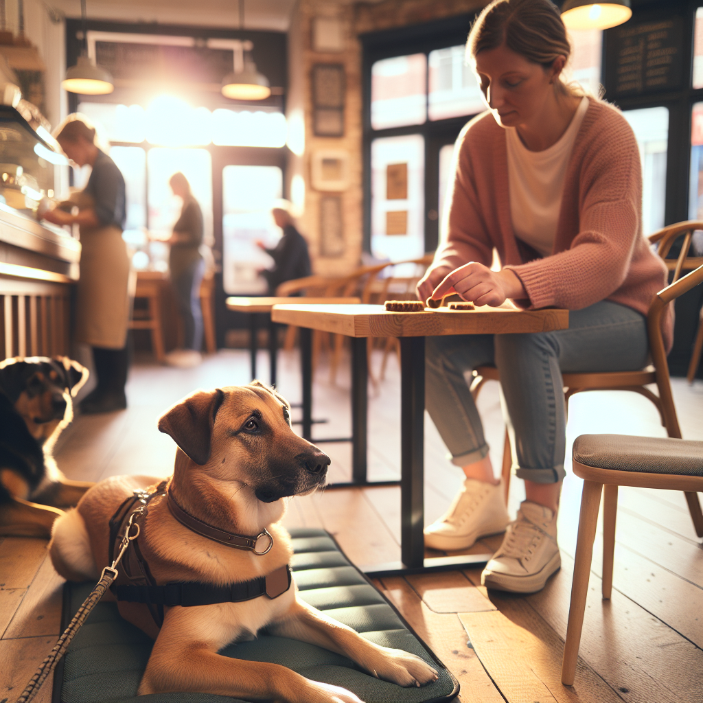Calm dog on a mat settling under a cafe table with a UK trainer guiding quietly