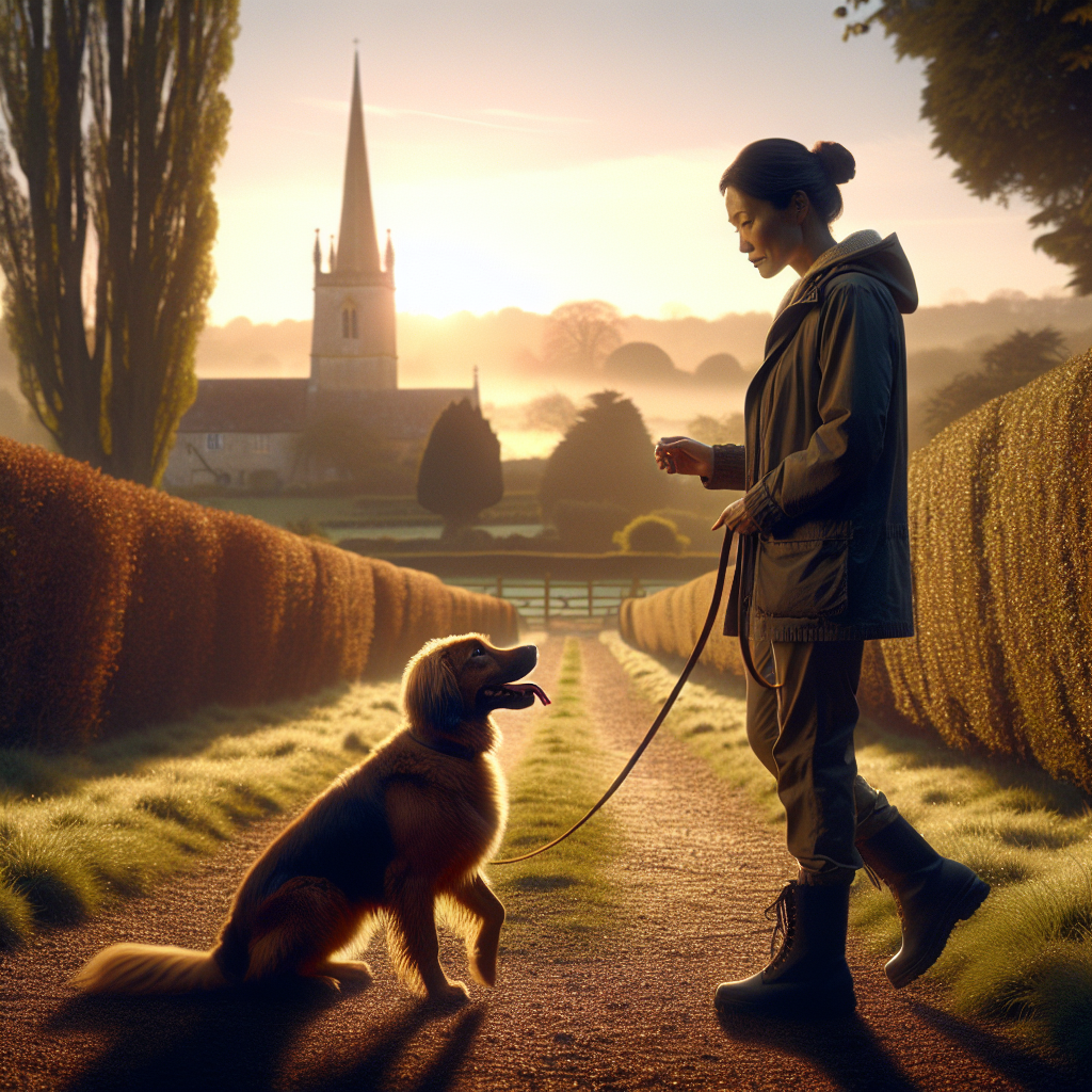 Trainer practising loose lead walking and recall with a mixed breed dog on a village green in Hardwick
