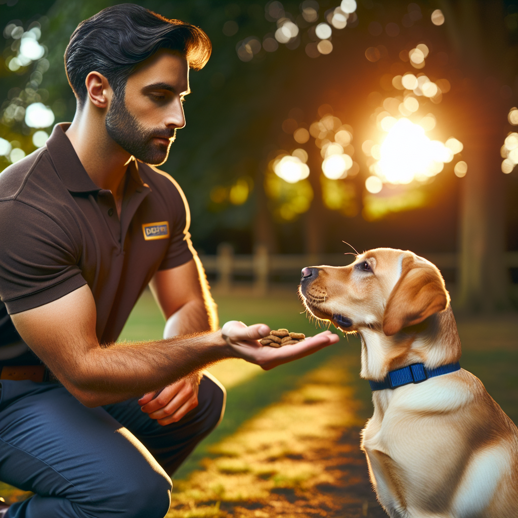 Trainer teaching a Labrador name response with focus and reward in a UK park