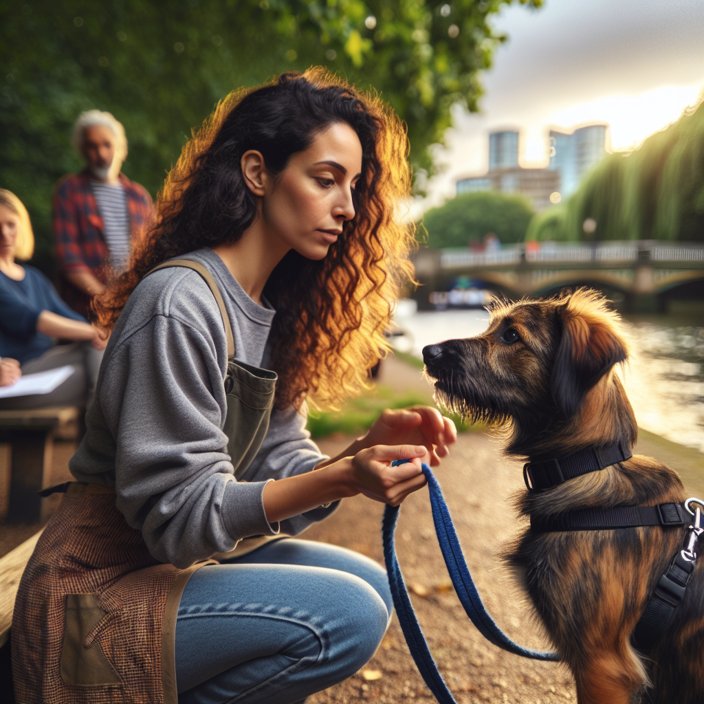 Trainer coaching a medium mixed breed dog on a riverside path in Greenwich