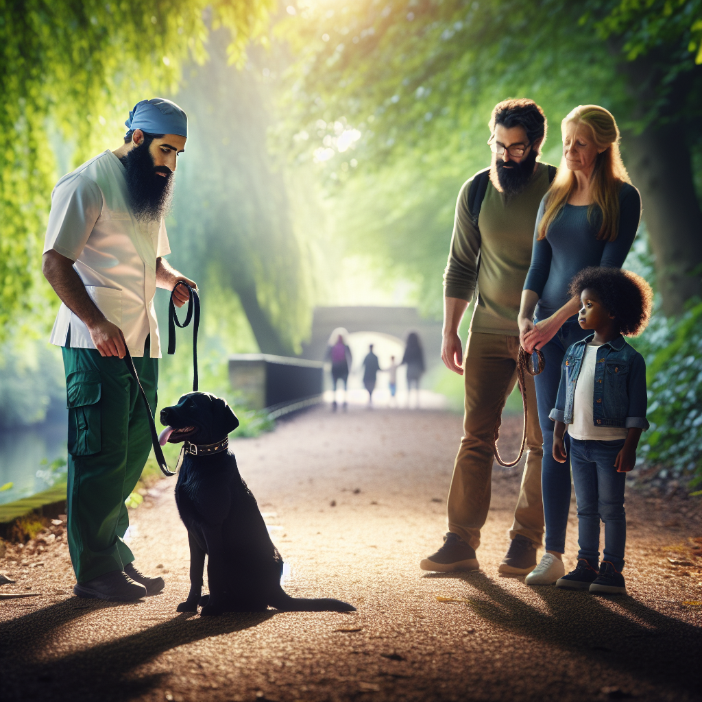 Smart trainer coaching a family and Labrador on lead walking along a Windsor riverside path