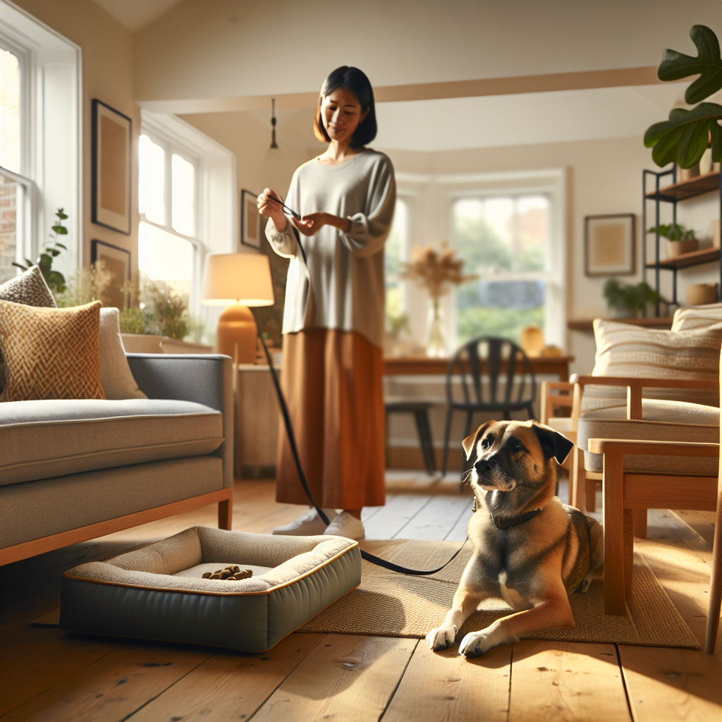 Dog relaxing on a raised bed beside a sofa while a trainer guides calmly in a bright UK living room