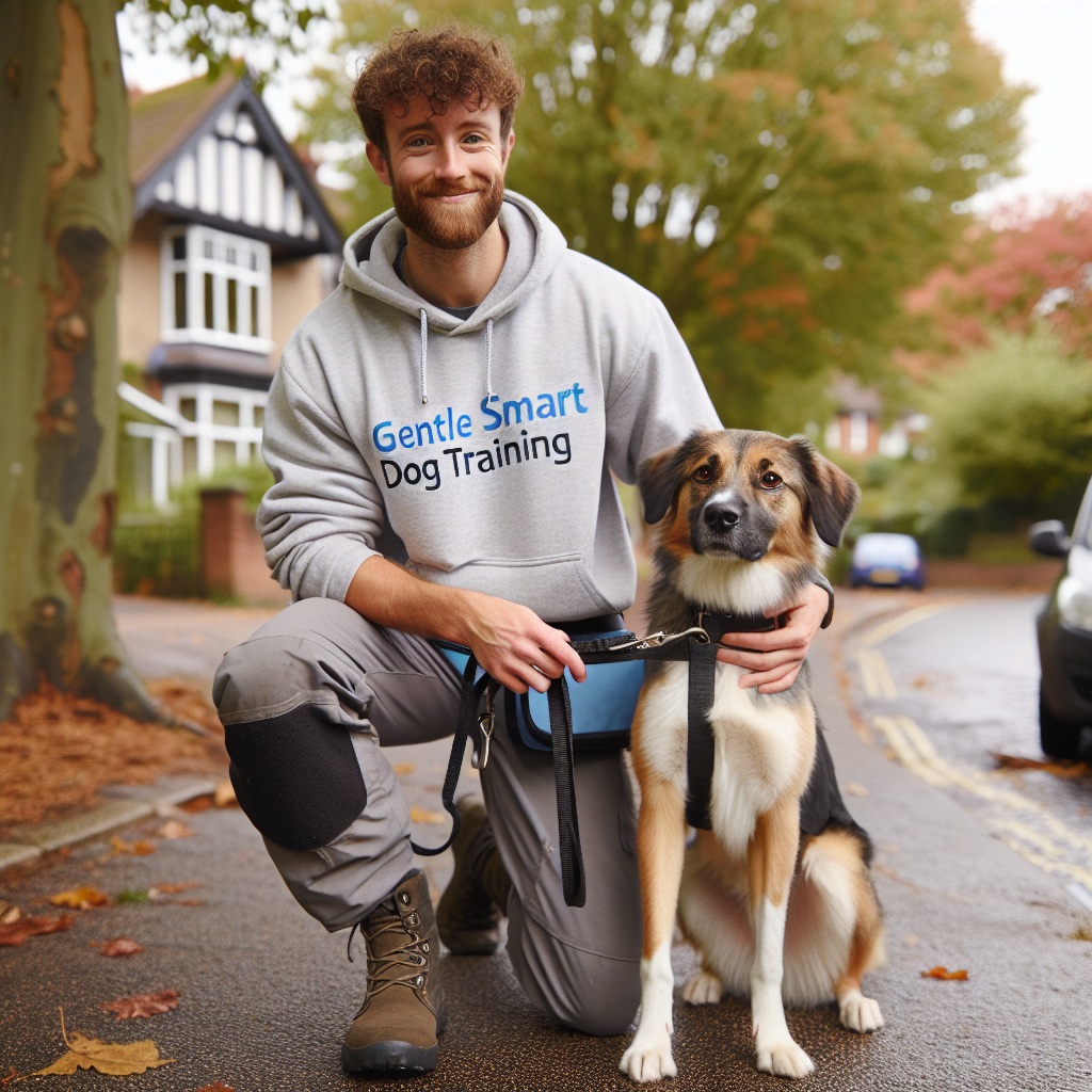 Trainer practising loose lead walking and recall with a mixed-breed dog in a leafy Bamber Bridge street