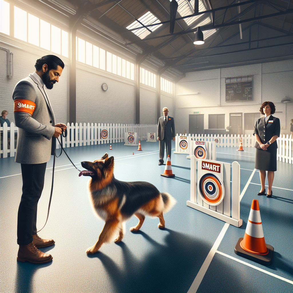 Handler and dog practising obedience ring pressure work with judge and steward in a UK indoor ring