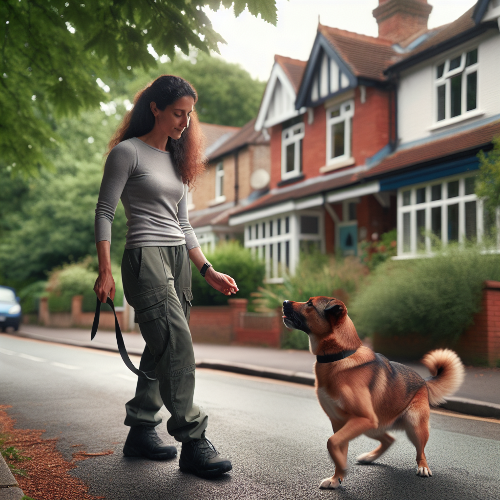 UK trainer practising loose lead walking with a focused mixed breed dog on a leafy suburban street