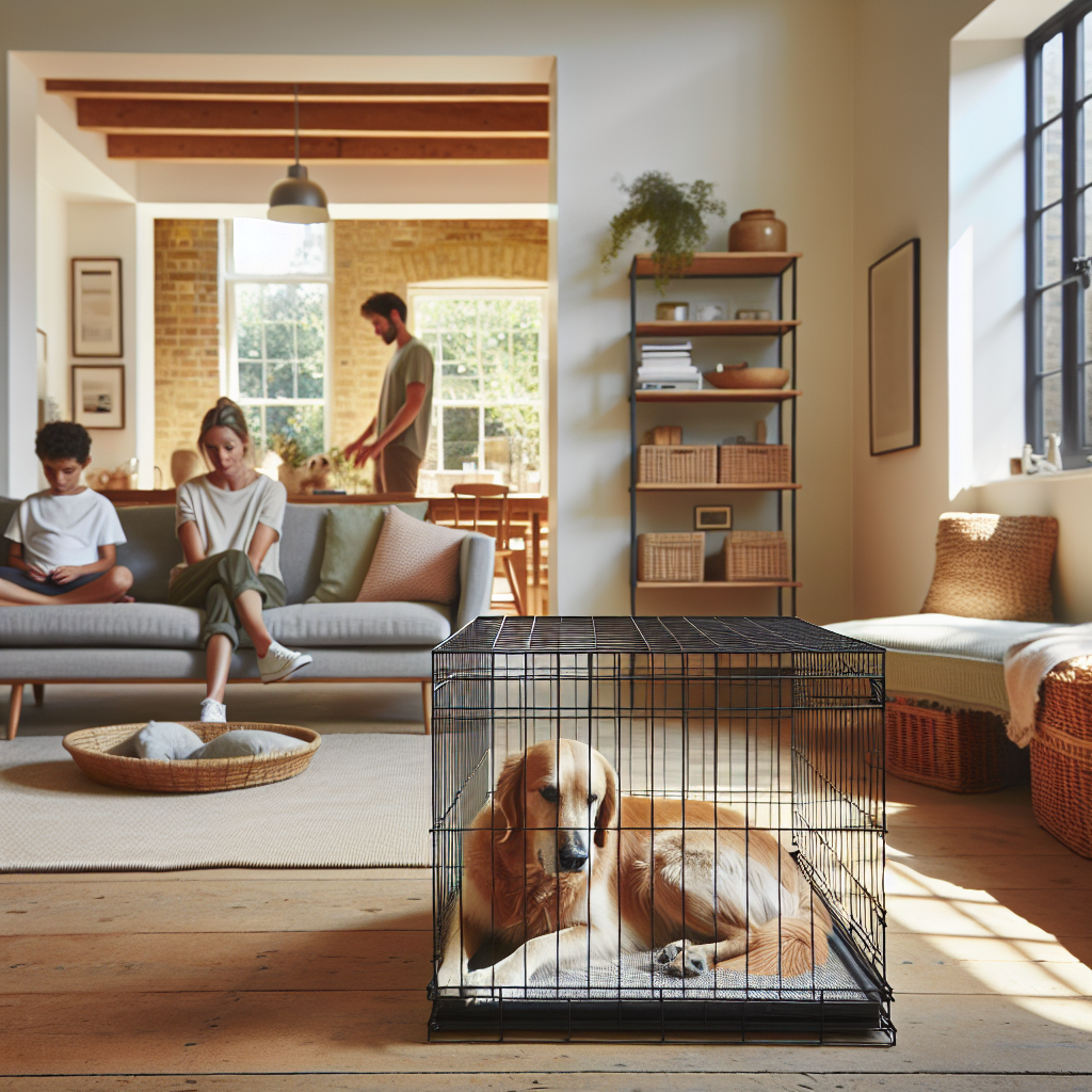 Dog resting calmly in a crate within a modern open plan UK living room while family moves in the background