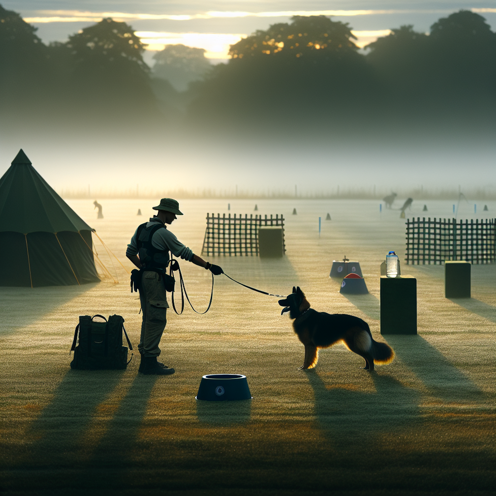 Handler and working dog practising shaded IGP obedience at dawn with water and shade tent ready
