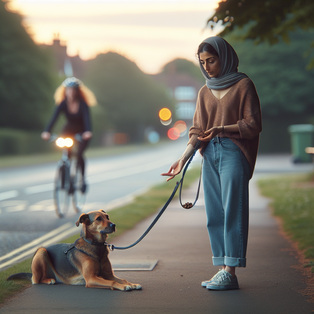 Smart trainer guiding a relaxed mixed-breed dog on a loose lead along a quiet UK pavement at sunset