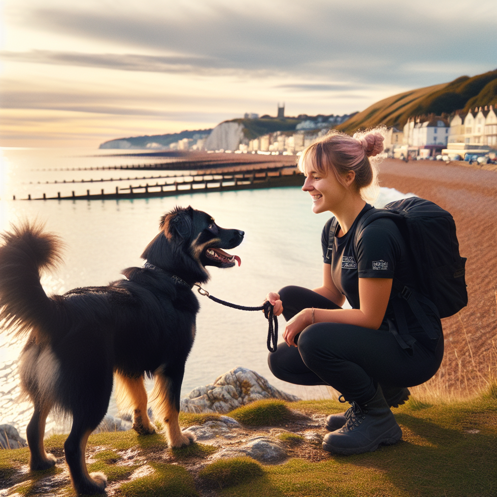UK dog trainer practising lead walking and recall with a mixed-breed dog near the Eastbourne coast
