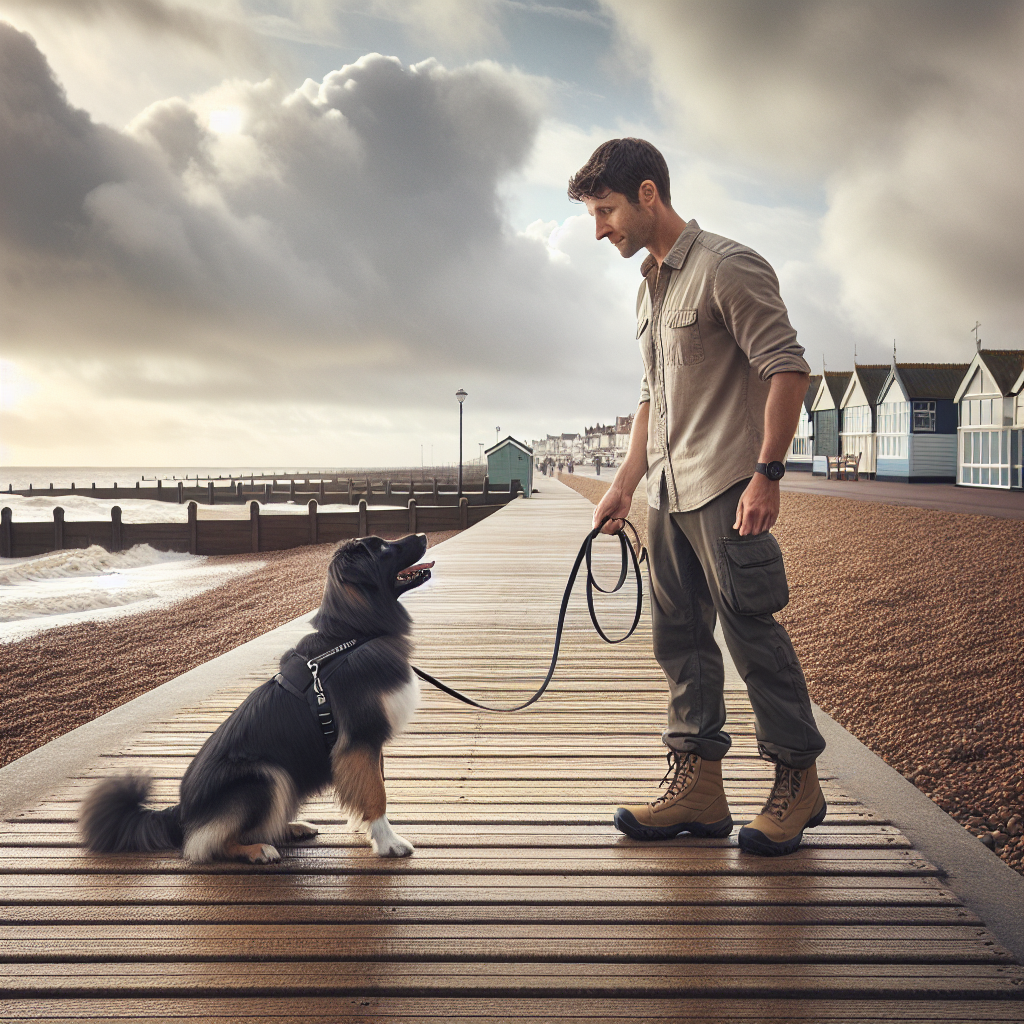 UK trainer practising loose lead walking and recall with a dog near a quiet seaside promenade