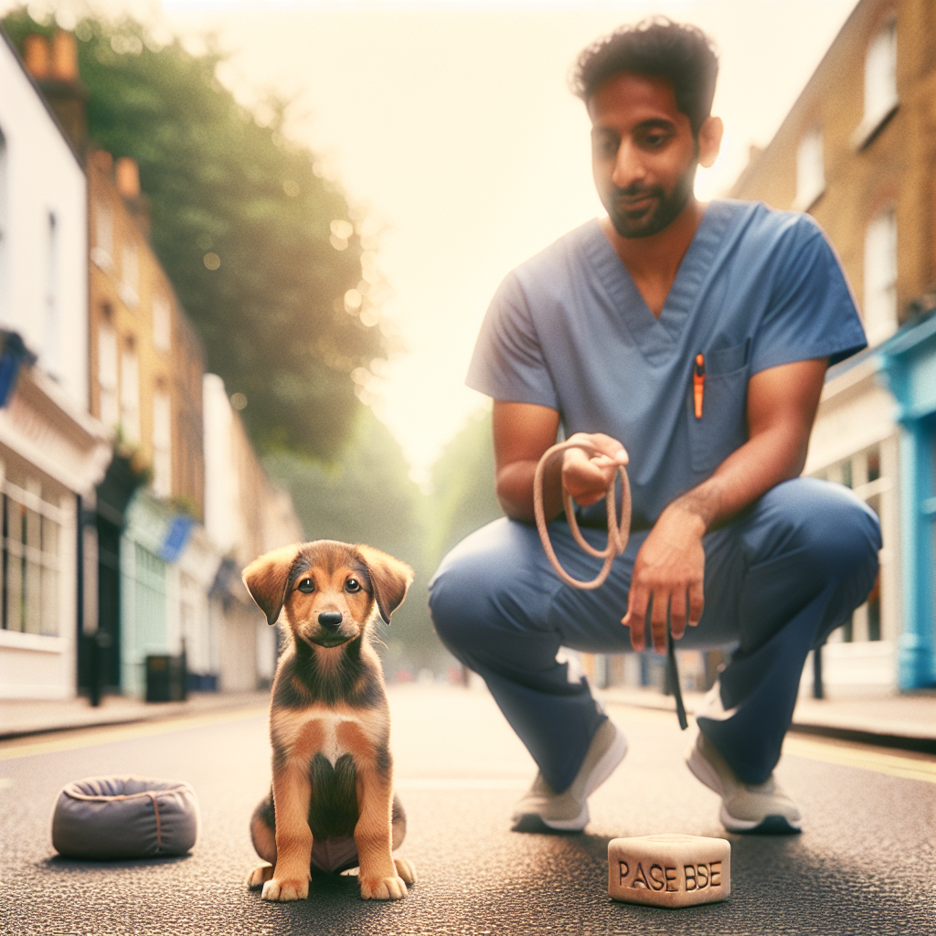 Trainer building puppy engagement on a UK high street with Place and loose lead focus