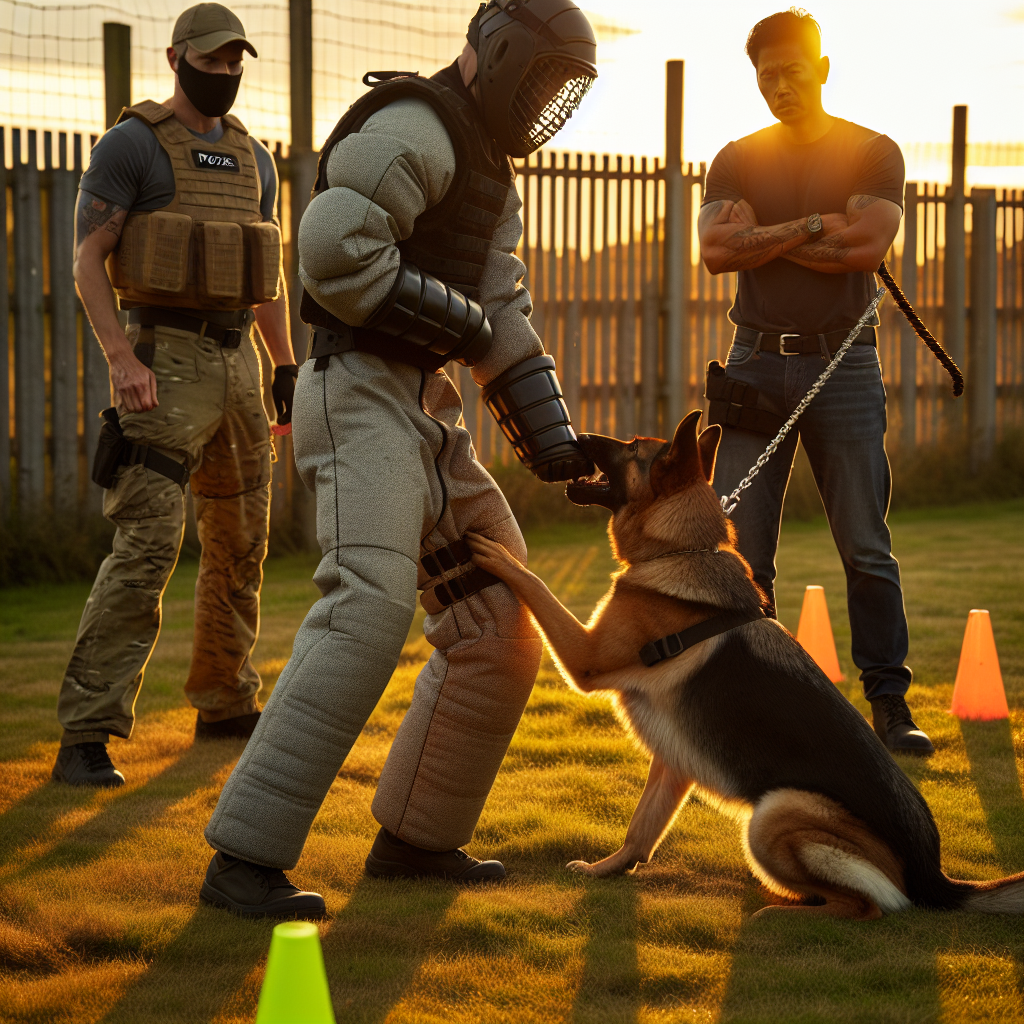 Professional decoy in bite suit demonstrating safe targeting with a German Shepherd on a long line in a controlled UK training field