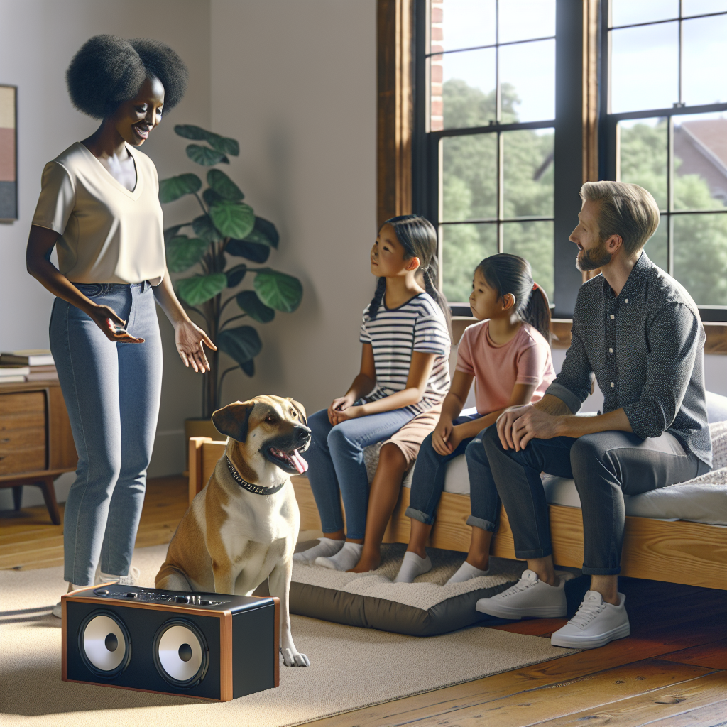 SMDT coaching a family and their dog to stay calm during recorded thunder and fireworks at home