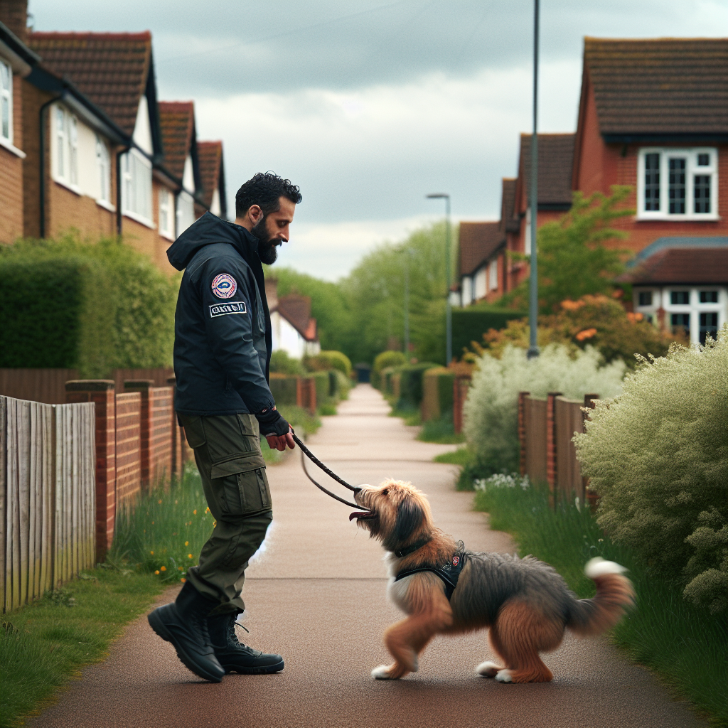 Trainer practising heel work with a mixed-breed dog on a quiet suburban path in Romford