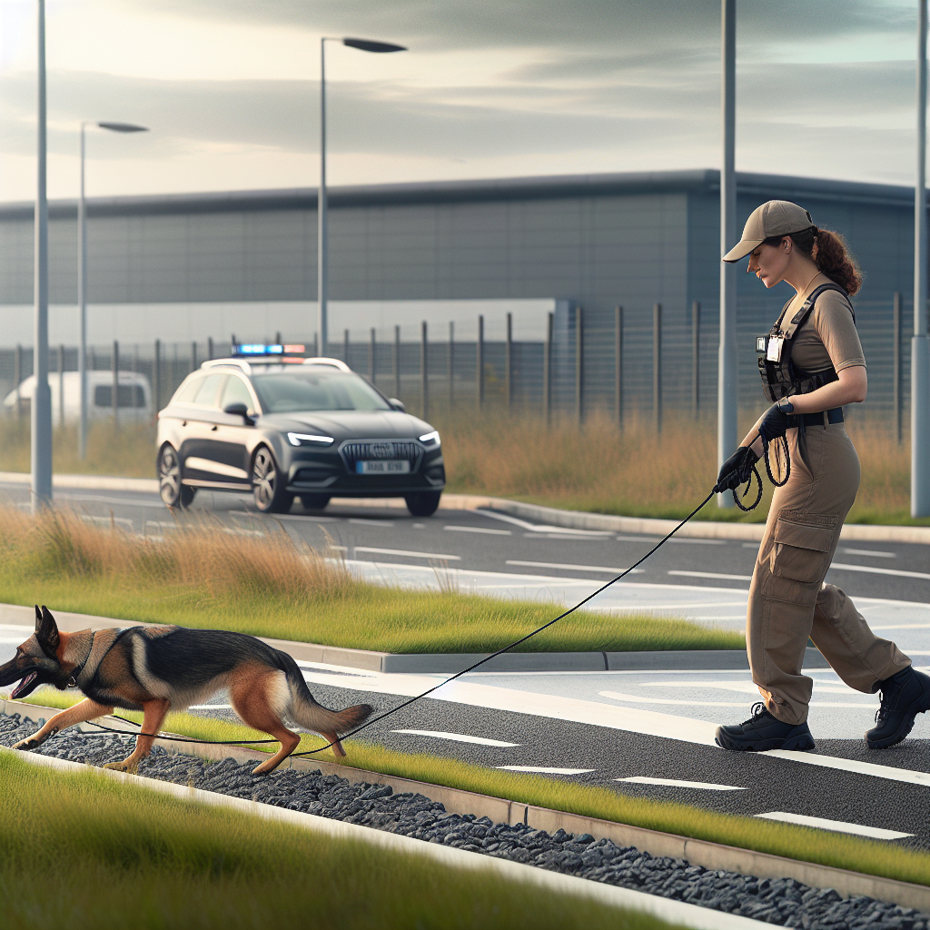 Trainer and working dog tracking across grass, pavement, and gravel on a UK footpath using a long line