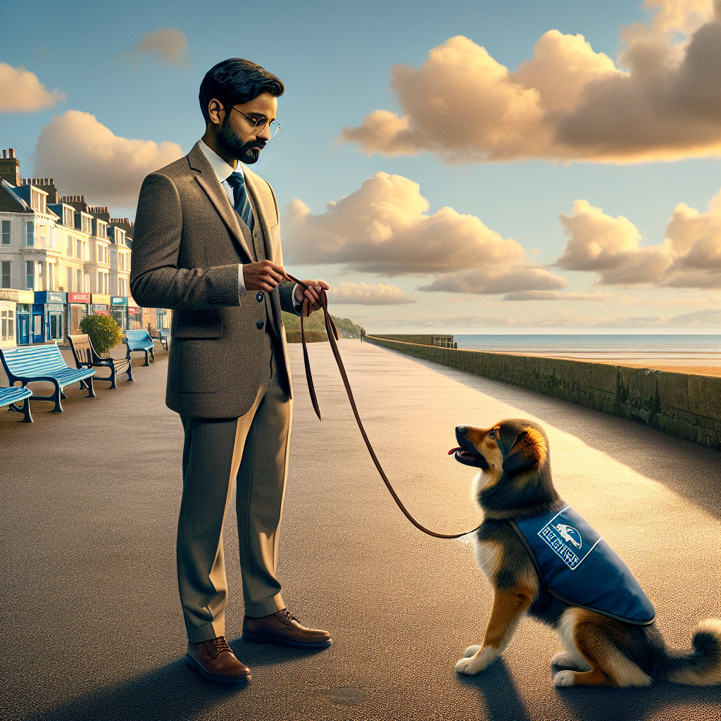 Smart trainer practising loose lead walking with a mixed breed dog near the Bognor Regis seafront