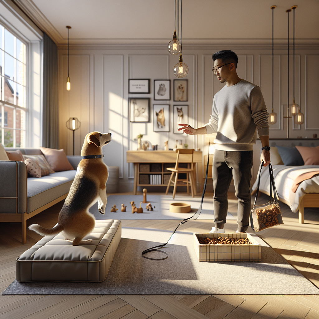 Trainer guiding a dog to a raised bed in a tidy UK studio flat with clear hand signals and a loose leash
