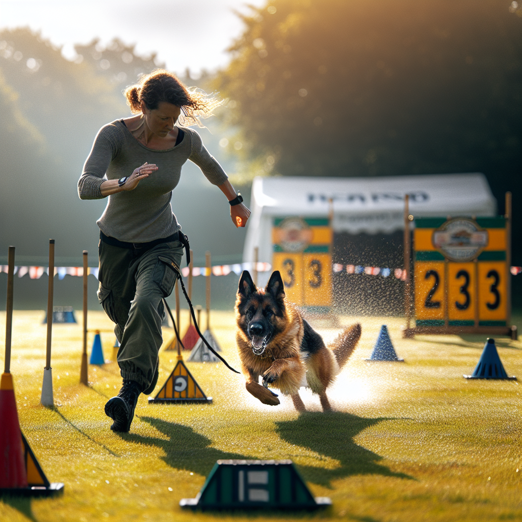 German Shepherd performing a down in motion during IGP heelwork on a UK training field