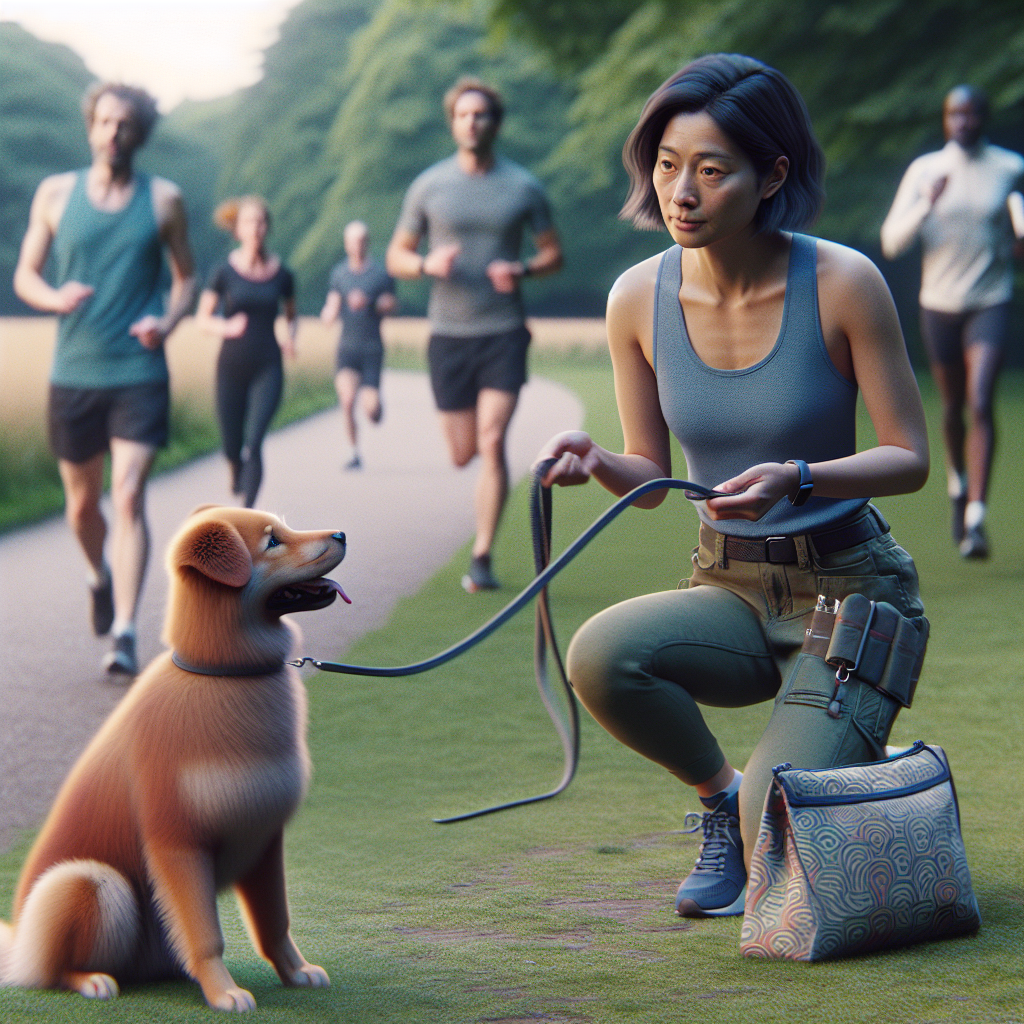 Trainer in a UK park reinforcing a recall with a long line as cyclists pass by