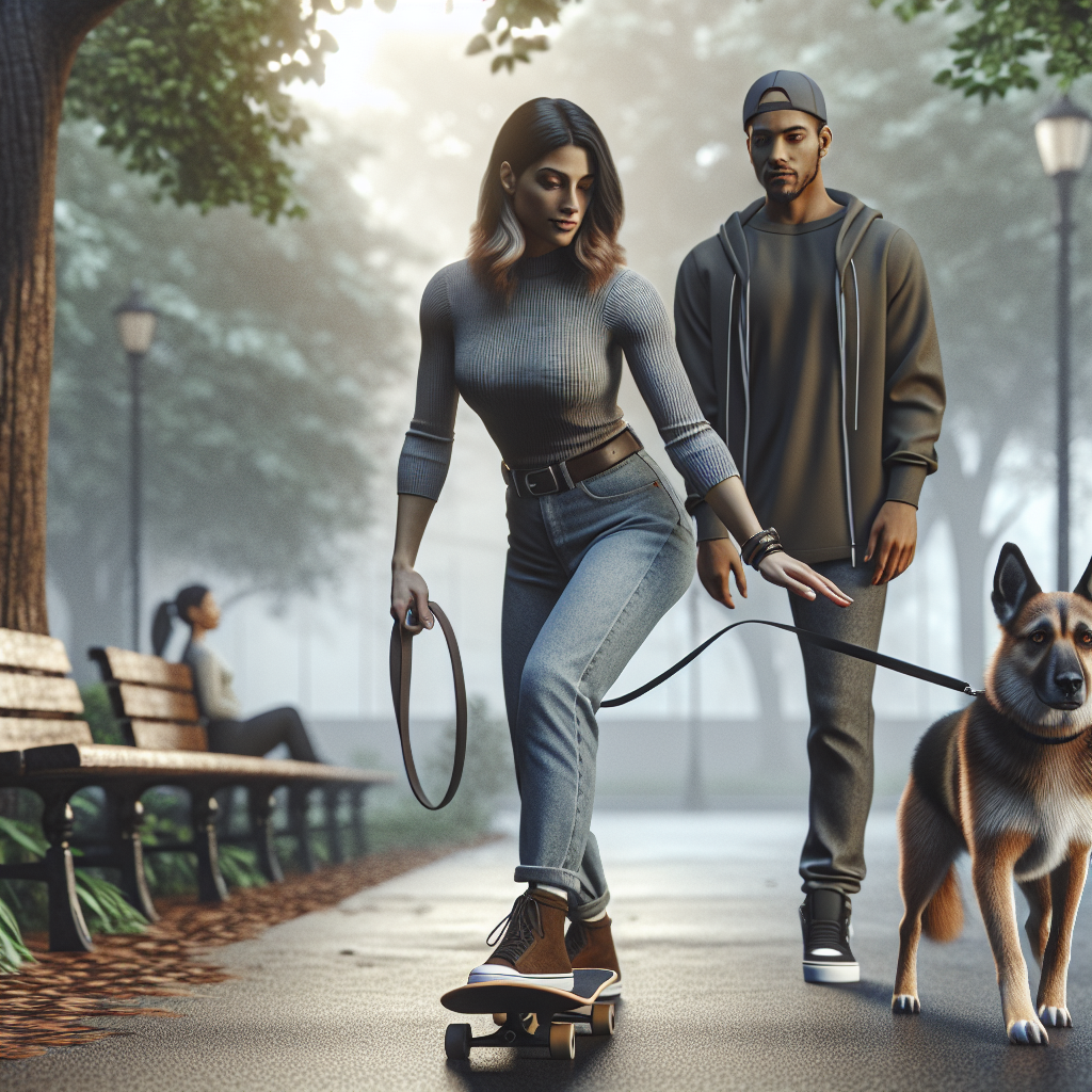 Trainer guiding a calm dog to heel as a skateboarder passes in a UK park