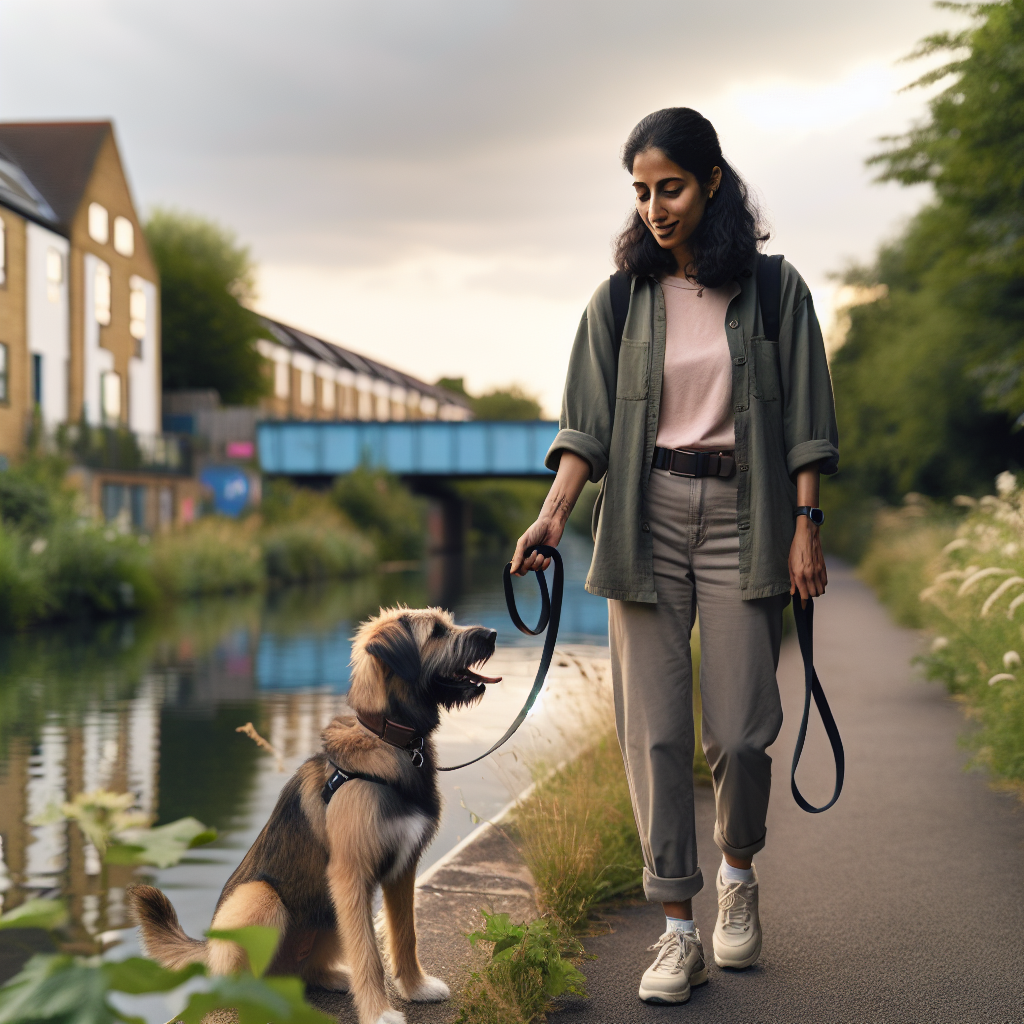 Smart Dog Training coach practising loose lead and recall with a mixed breed by a leafy canal path in Brierley Hill