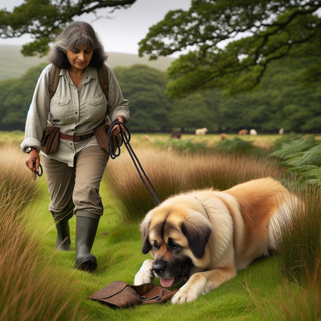 Tracking dog in a UK meadow indicating a leather article by lying down as the handler approaches on a long line