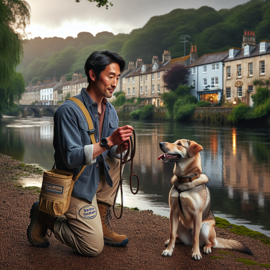 Trainer guiding a mixed-breed dog on a riverside path in a Somerset town, practising loose-lead and recall
