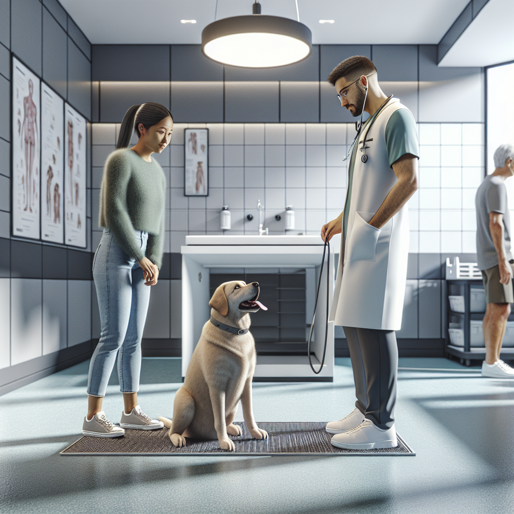Trainer guiding a calm Labrador mix on a mat during a relaxed veterinary exam in a bright UK clinic