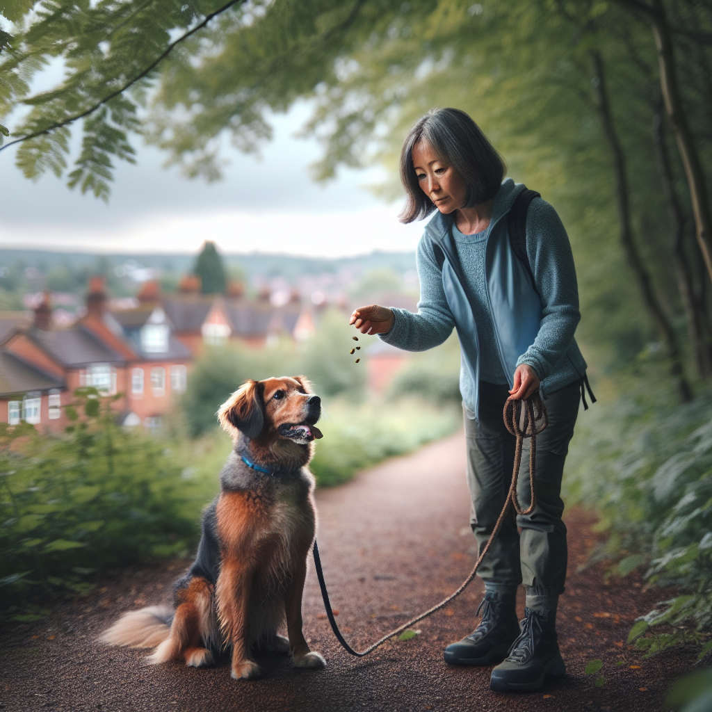 Trainer practising loose lead and recall with a mixed breed dog on a leafy path near Rugeley