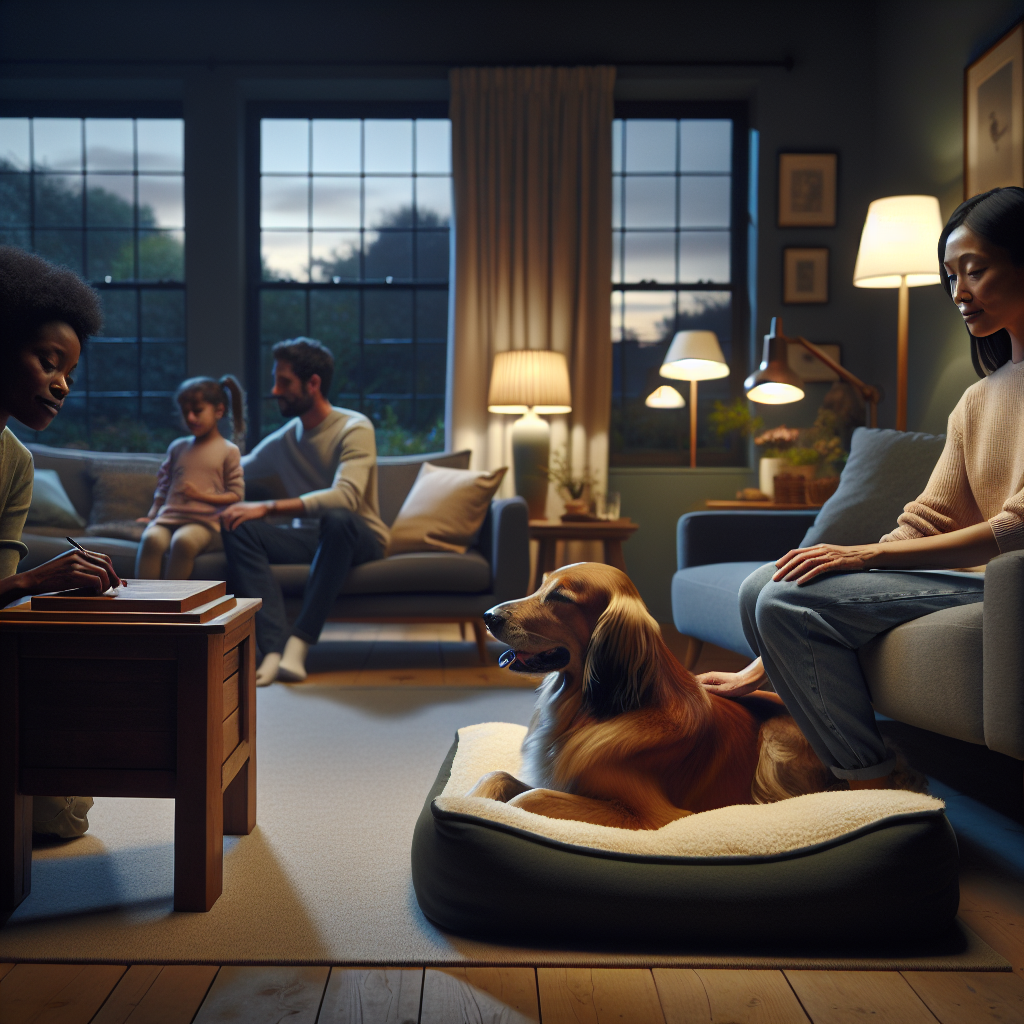 Calm dog on a place bed during an evening routine with a trainer in a cozy UK living room