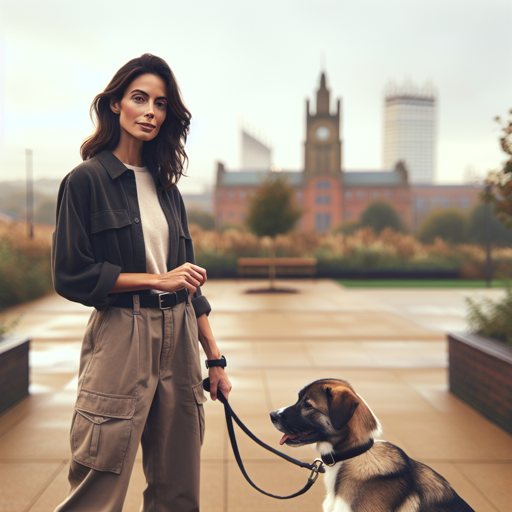 Smart trainer practising loose lead walking and recall with a mixed breed dog in a Middlesbrough park