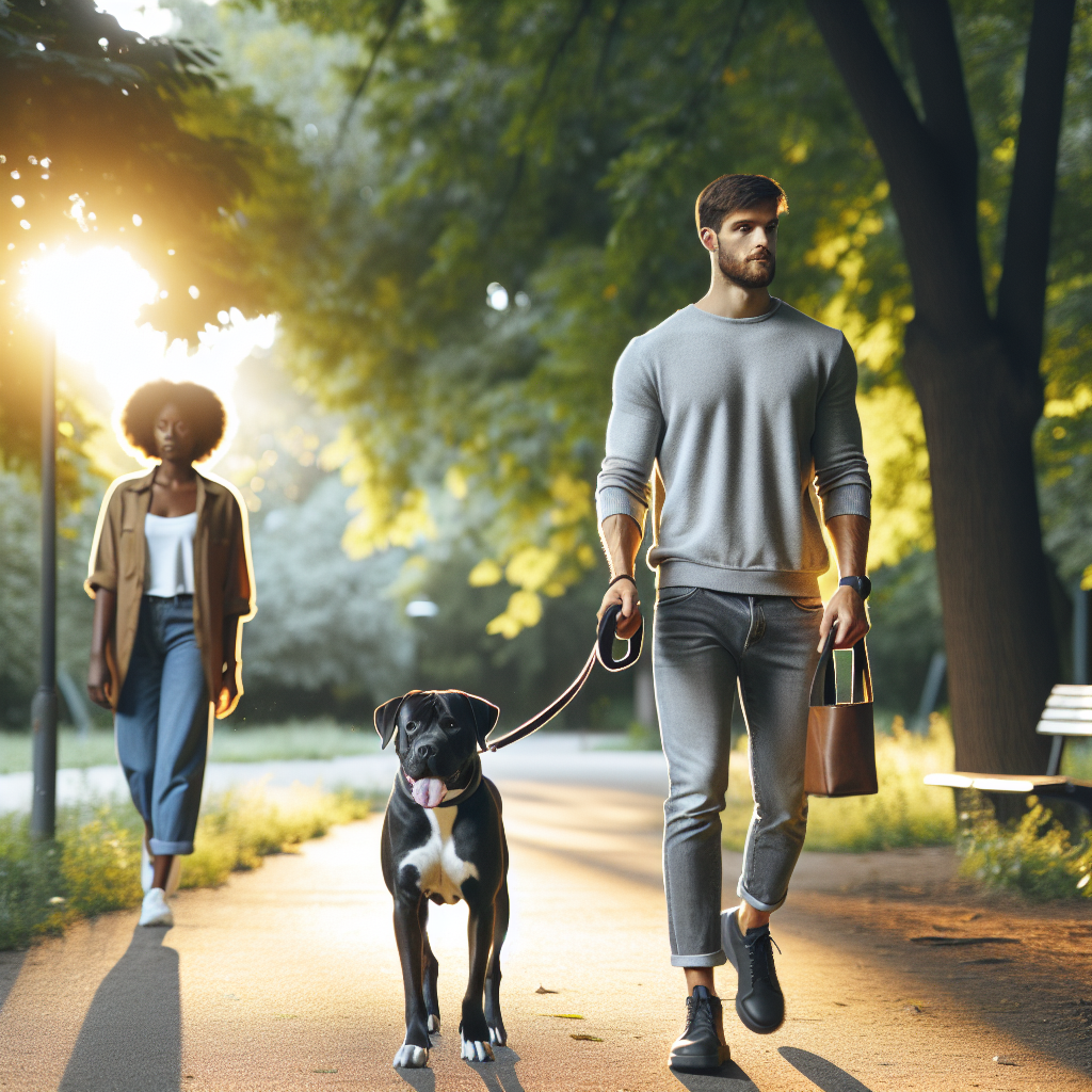 SMDT guiding a calm dog past a stranger on a relaxed lead in a UK park