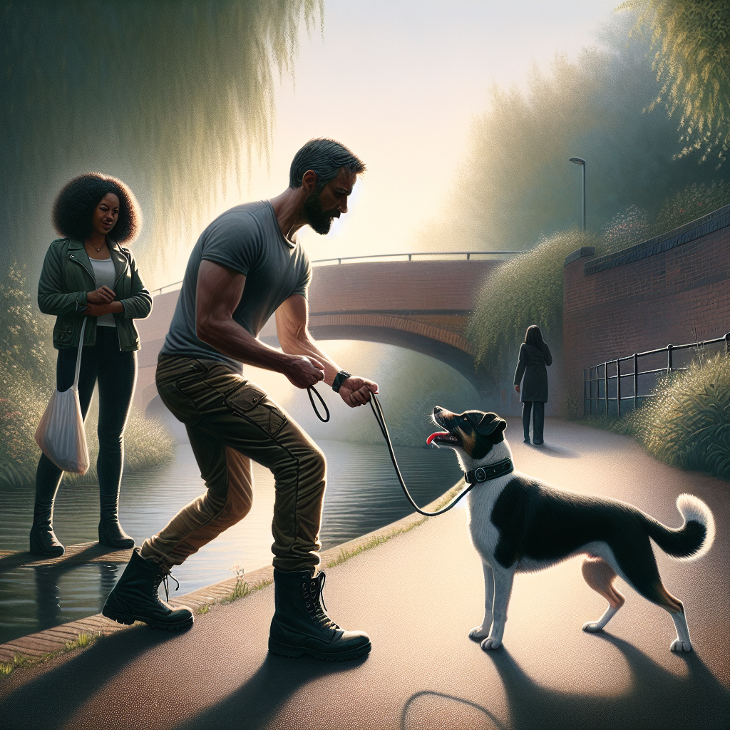 Trainer practising loose lead walking with a mixed-breed dog on a canal-side path in Stoke-on-Trent