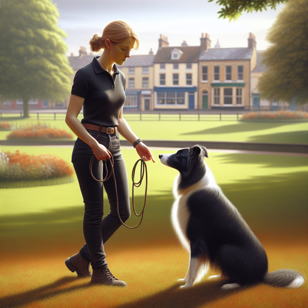 Trainer heeling a focused border collie in a Mansfield park during a calm training session