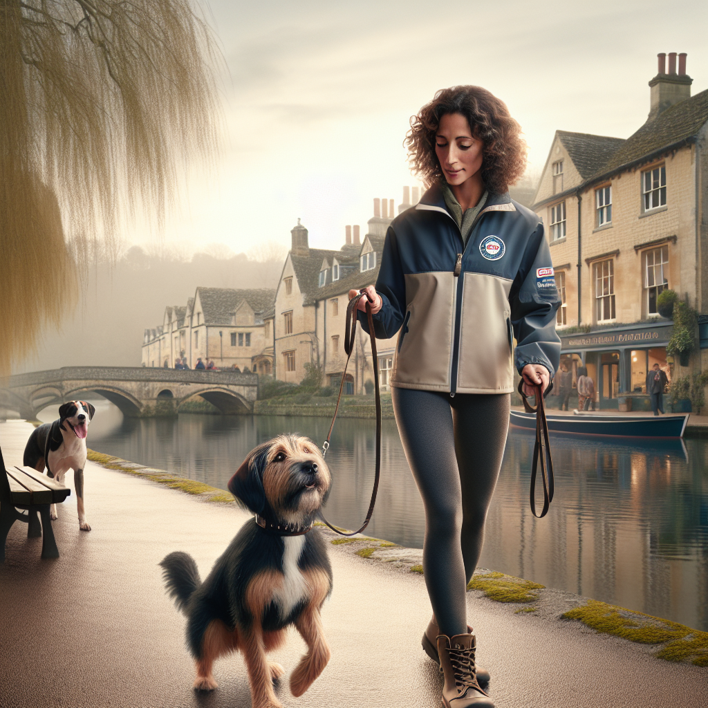 Trainer practising loose lead walking with a mixed breed dog on a riverside path near a Cotswold market town