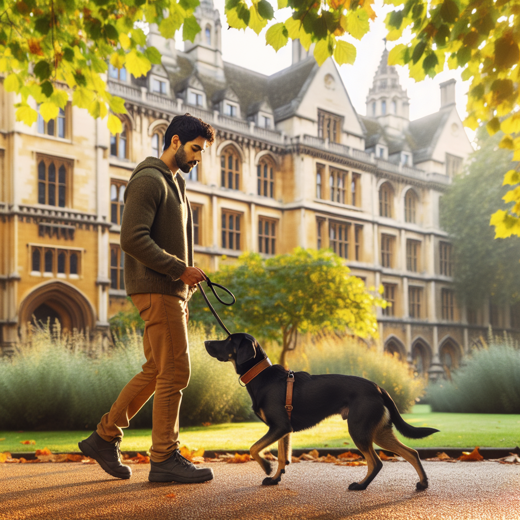 Smart trainer practising loose lead walking with a dog in a leafy Bath city park