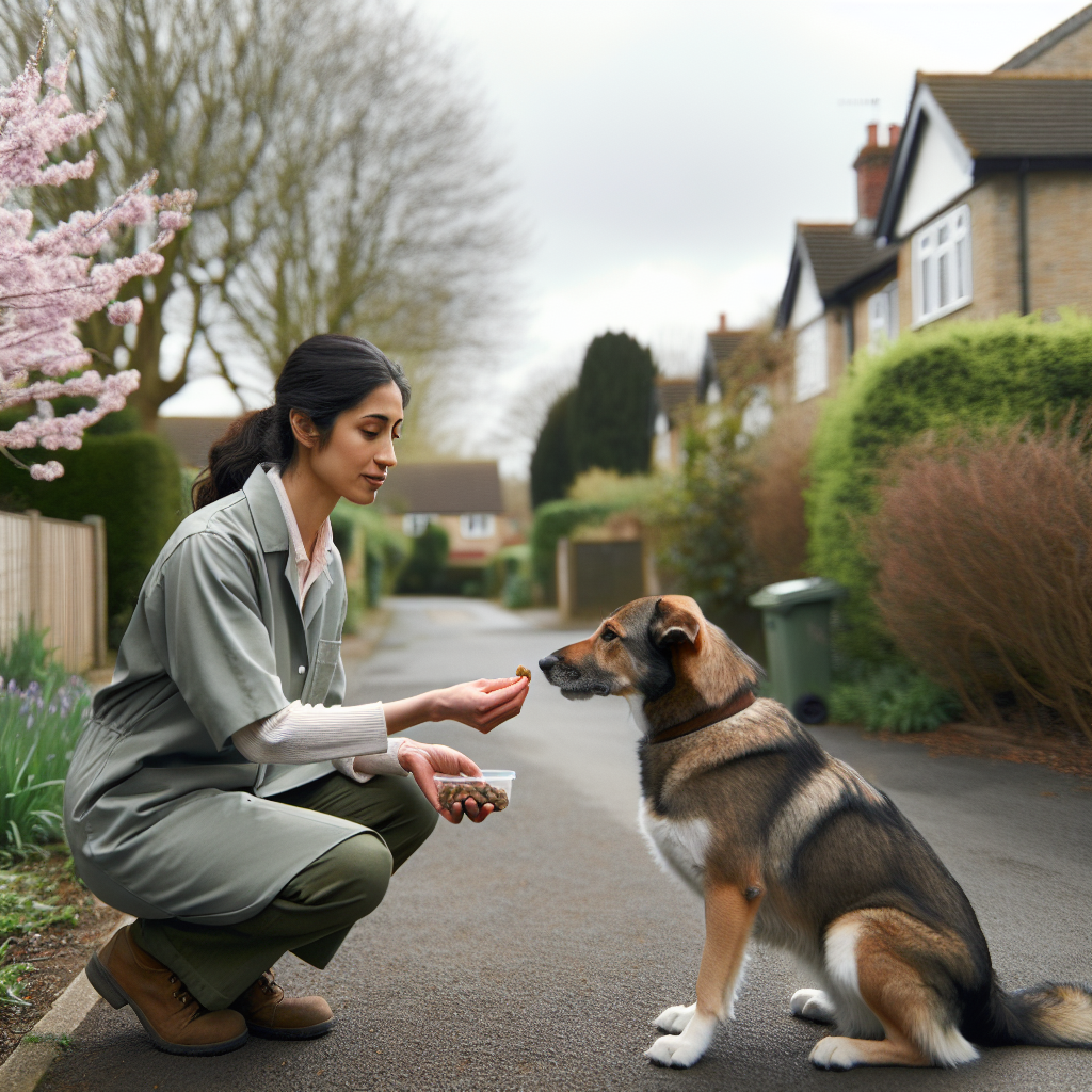 Trainer practising heel and focus with a mixed breed dog on a quiet Camberley street
