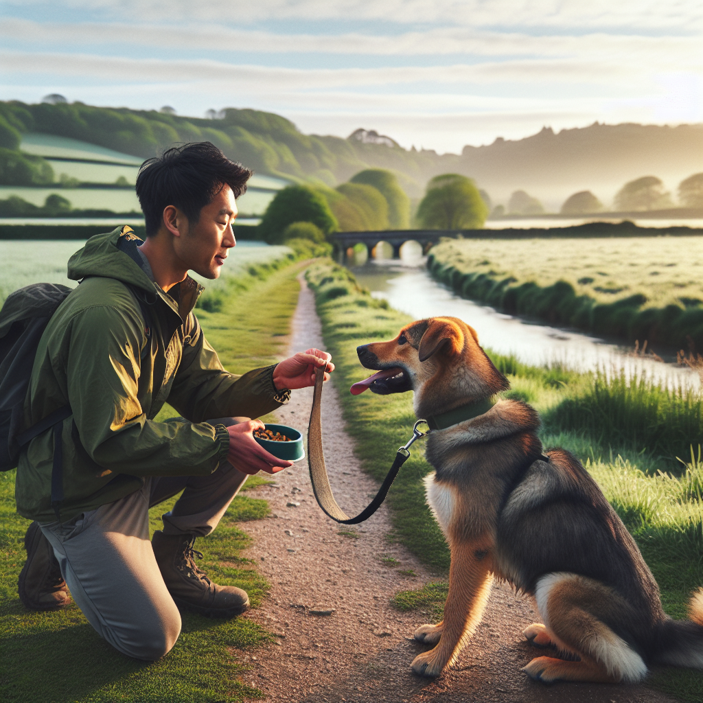 Trainer practising loose lead walking and recall with a mixed breed dog by the river in Langport