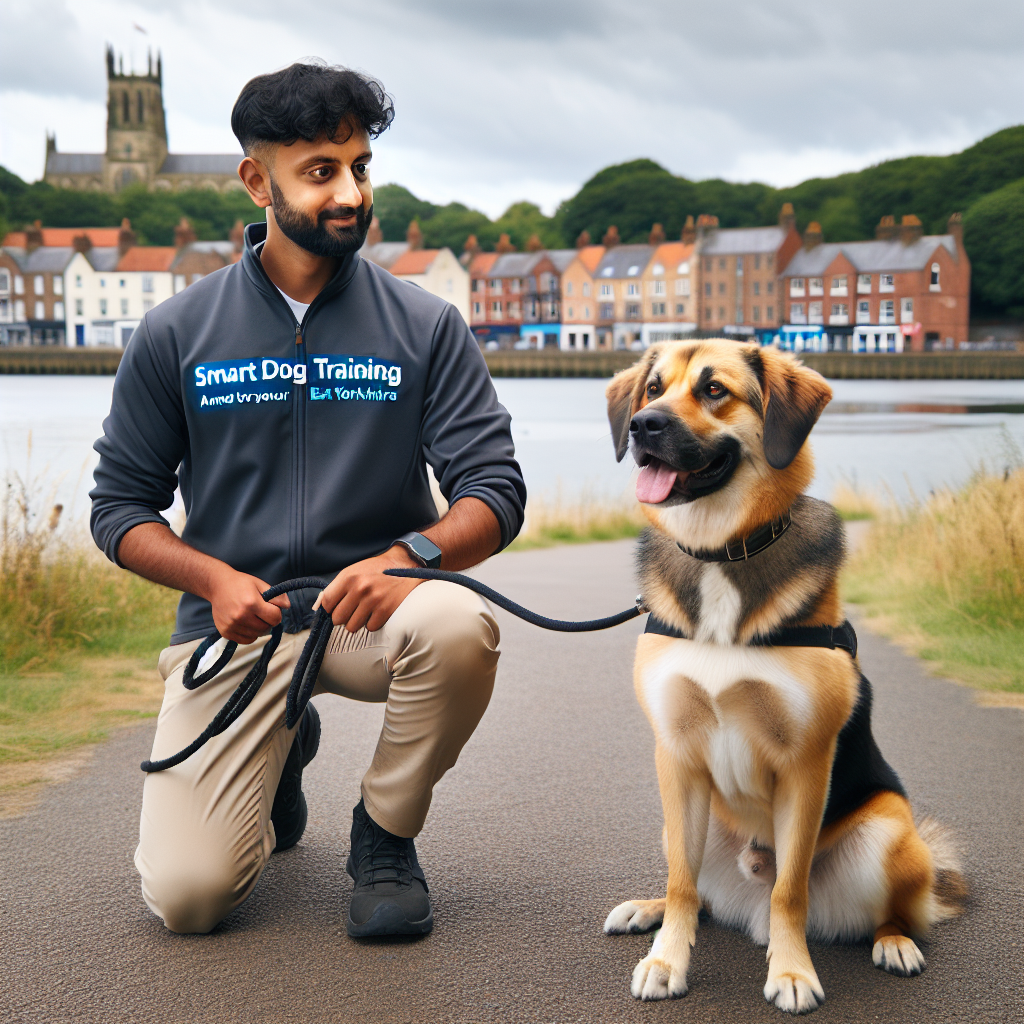 Smart Dog Training instructor practising loose lead walking with a mixed breed dog in a Hull waterfront park