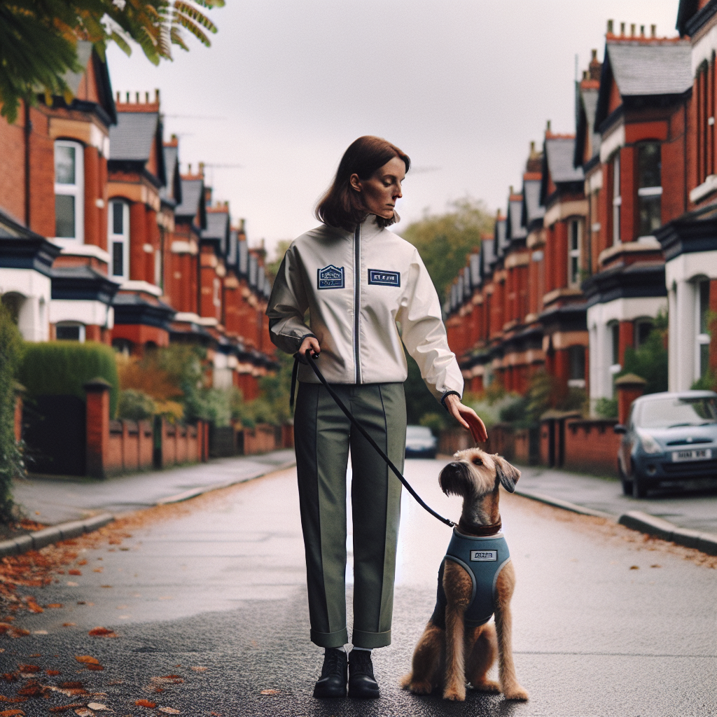 Trainer guiding a mixed breed dog on loose lead walking along a leafy suburban street in Altrincham