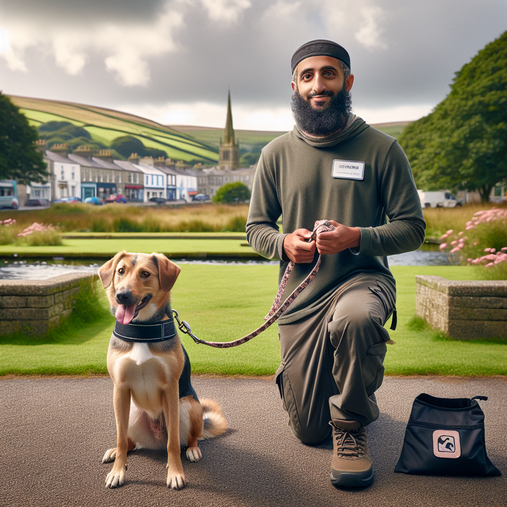 Trainer guiding a mixed breed dog on lead in a Liskeard park with countryside backdrop