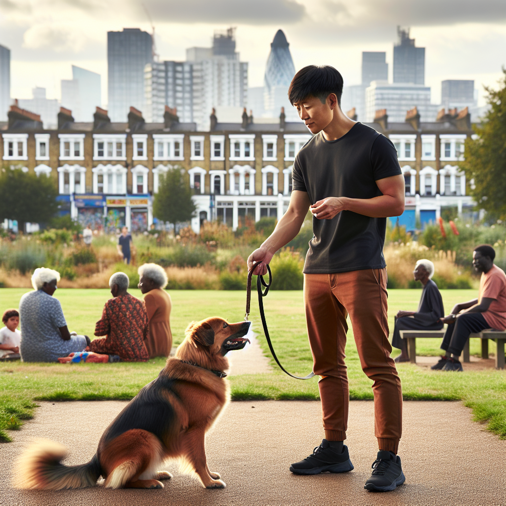 Trainer guiding a mixed-breed dog on calm lead walking in a Barking urban park