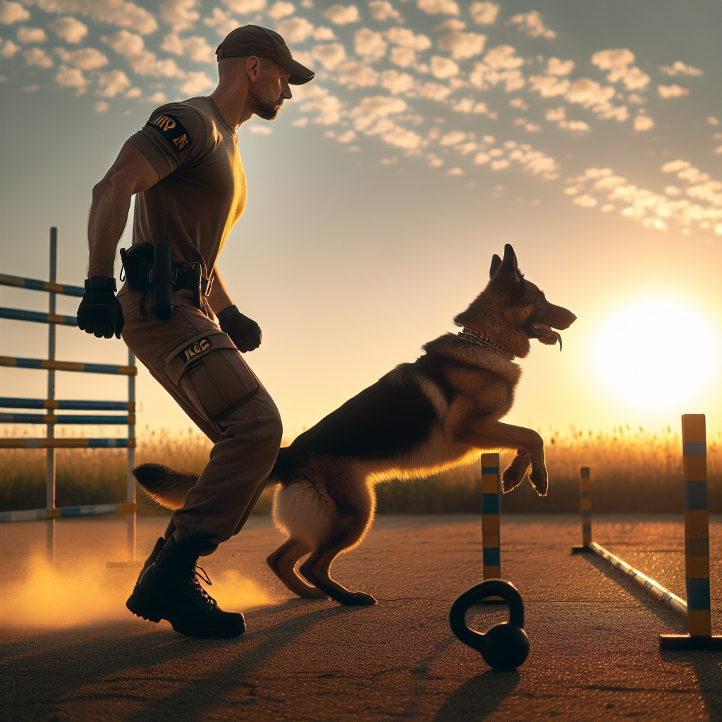 Trainer warming up a German Shepherd for IGP with heelwork near jumps and a tracking line at a UK field