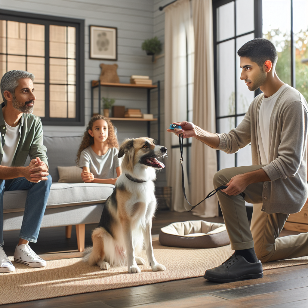 UK trainer coaching a family and their dog on calm place training in a bright living room