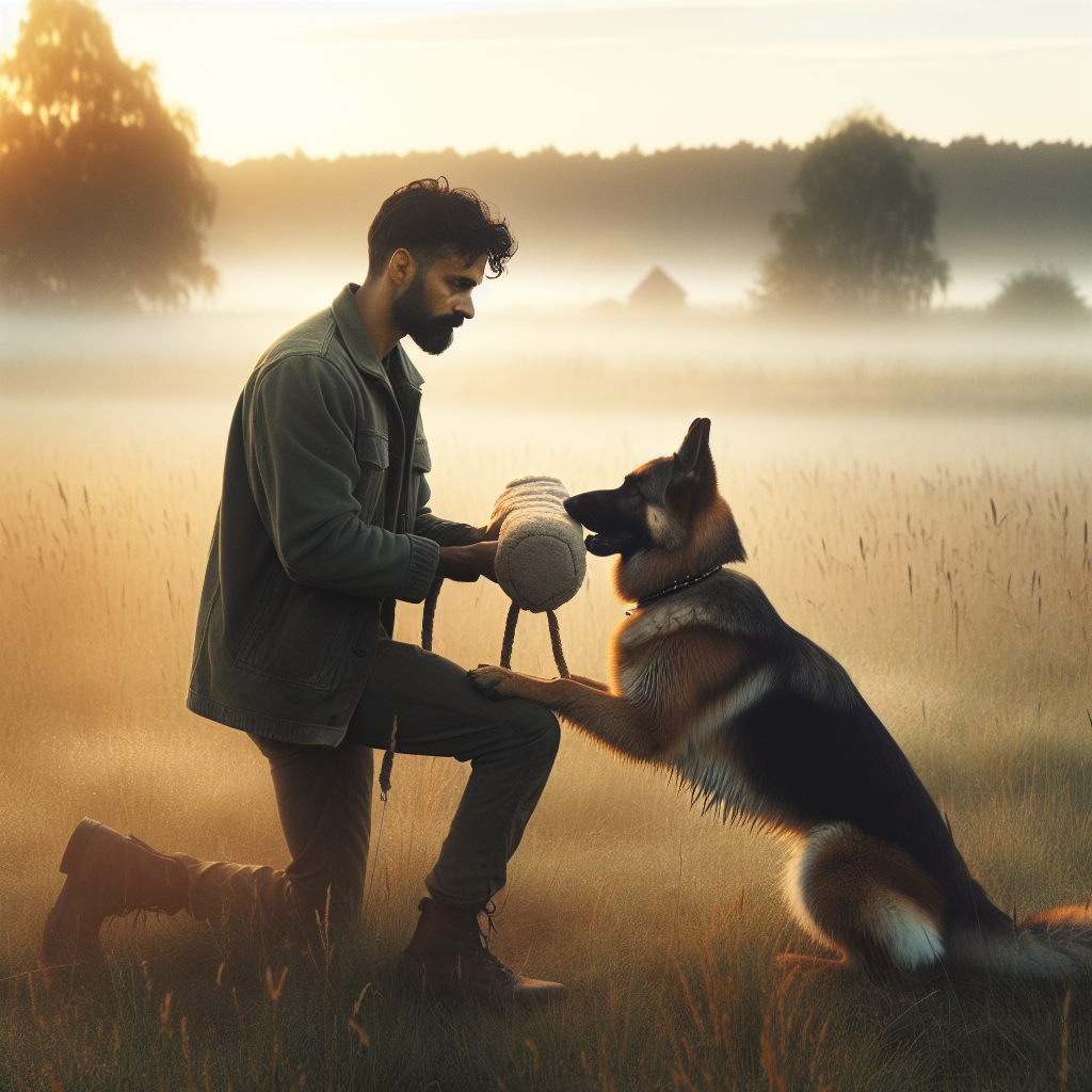 Trainer practicing IGP heelwork with a focused German Shepherd on short grass in soft UK morning light