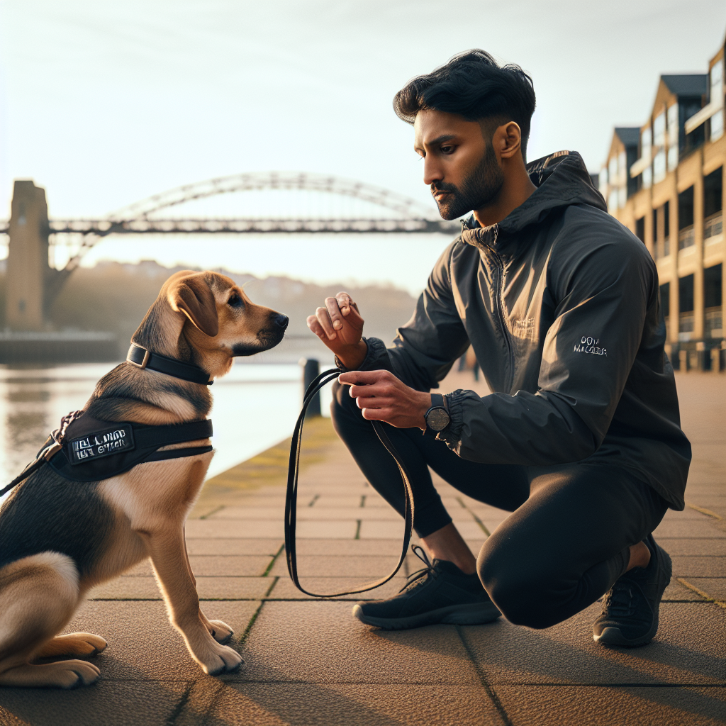 Trainer working loose lead heel and sit-stay with a Labrador mix by a riverside path in Newcastle at sunset