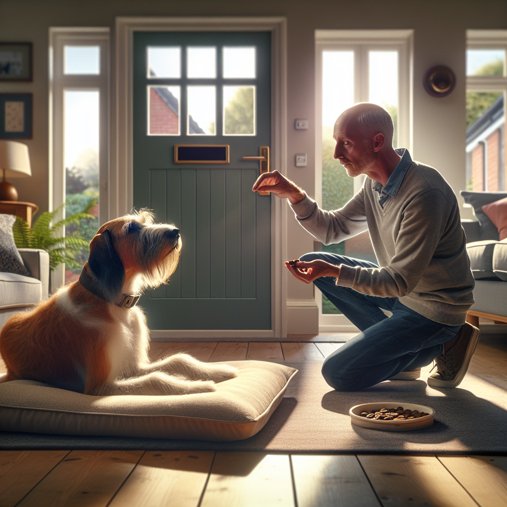 Trainer guiding a calm dog to place in a UK home while practising doorbell triggers