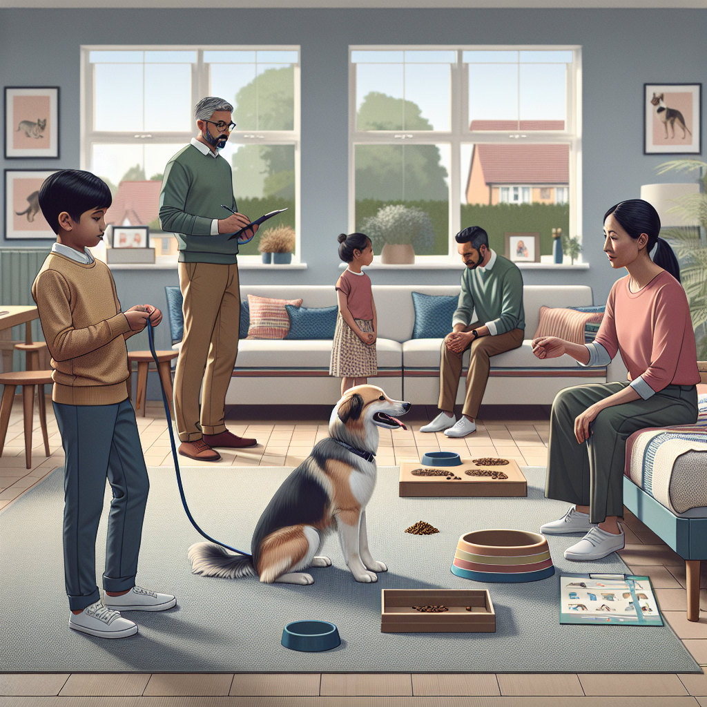 UK family guiding their dog to Place in a calm living room routine