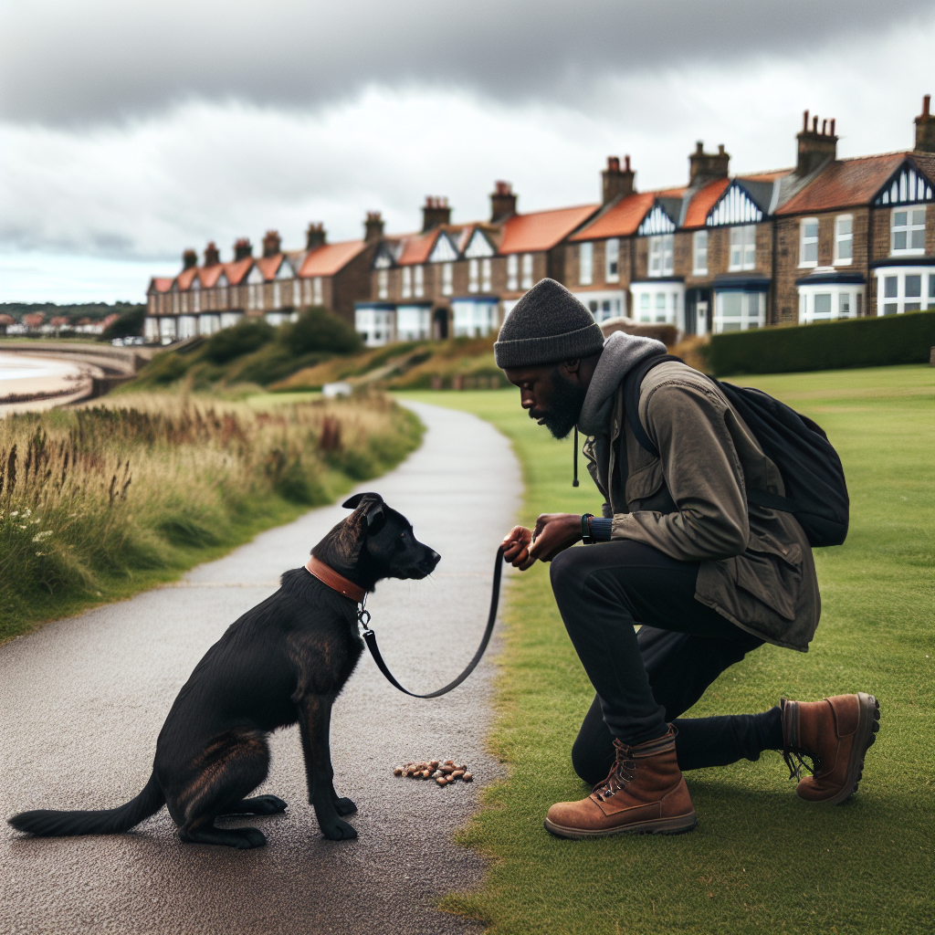 UK trainer practising loose lead walking with a focused dog in a Northumberland park near Ashington